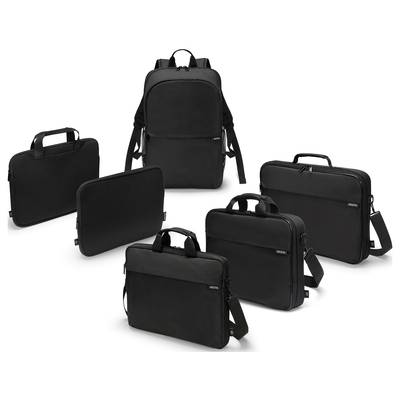 Plusieurs sacs pour ordinateur portable noirs de différentes tailles et styles, comprenant un sac à dos, entourés de sacs à main avec des poignées.