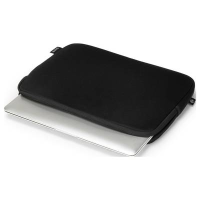 Étui pour ordinateur portable noir avec fermeture éclair, partiellement ouvert, un ordinateur portable argenté est partiellement visible.