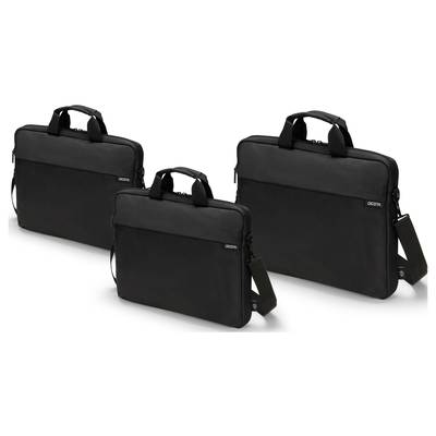 Trois sacs pour ordinateur portable noirs de différentes tailles, avec poignées de transport et bandoulière.