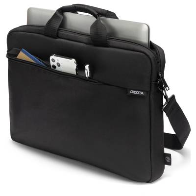 Sacoche noire pour ordinateur portable avec fermeture à glissière, contenant un ordinateur portable, un smartphone et un dossier bleu. Le sac est équipé d'une poignée de transport et d'une bandoulière.