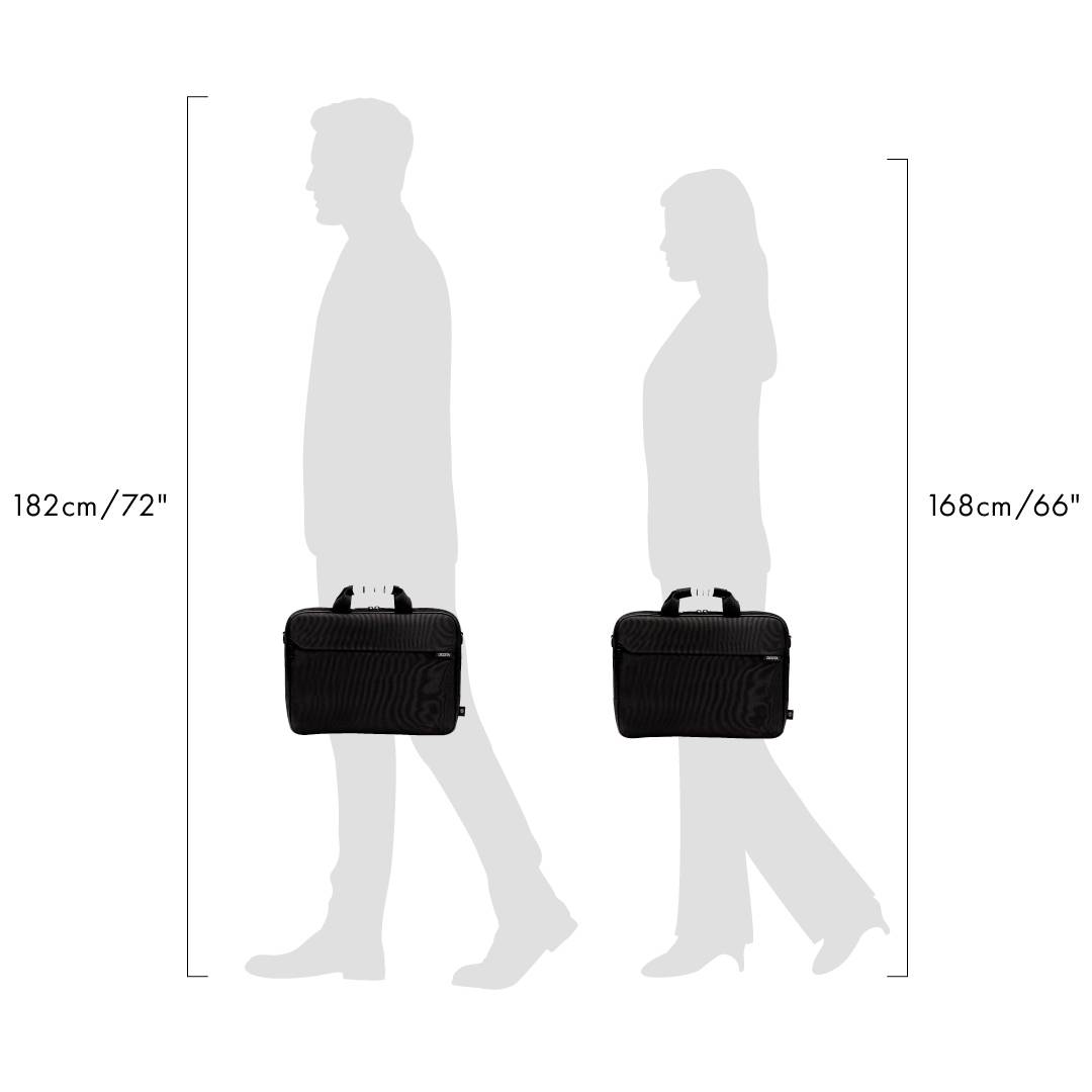 'Deux personnes en silhouette. À gauche : 182 cm, à droite : 168 cm. Tous deux portent des sacs noirs.'