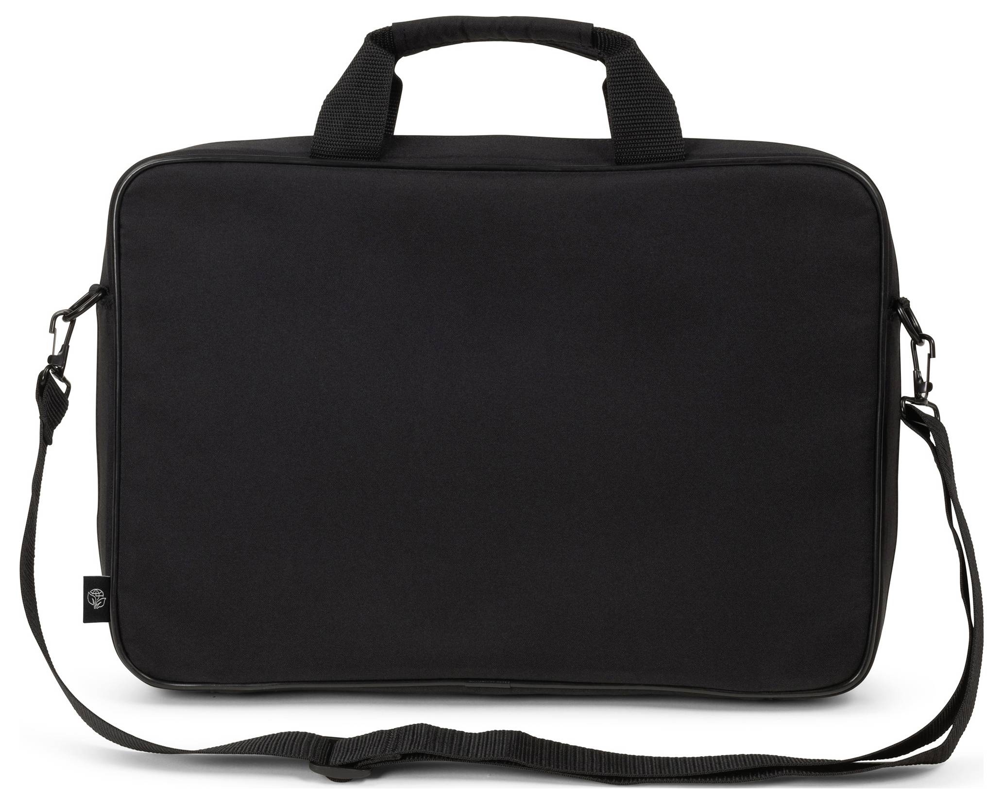 Un sac pour ordinateur portable noir avec poignée et bandoulière sur fond blanc.