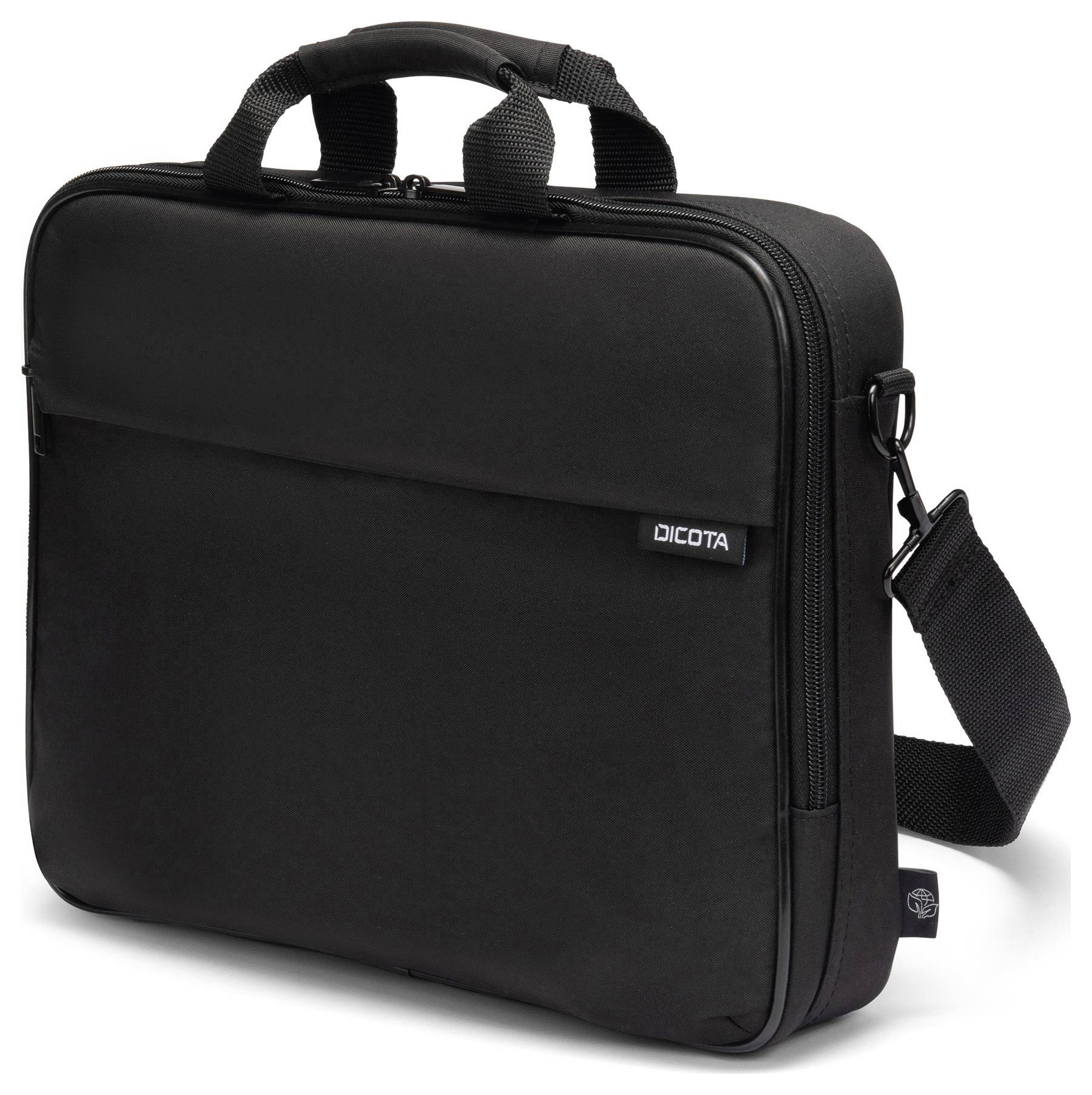 Sacoche noire pour ordinateur portable avec poignées de transport et bandoulière amovible. Le sac présente un design épuré et dispose d'une poche extérieure.