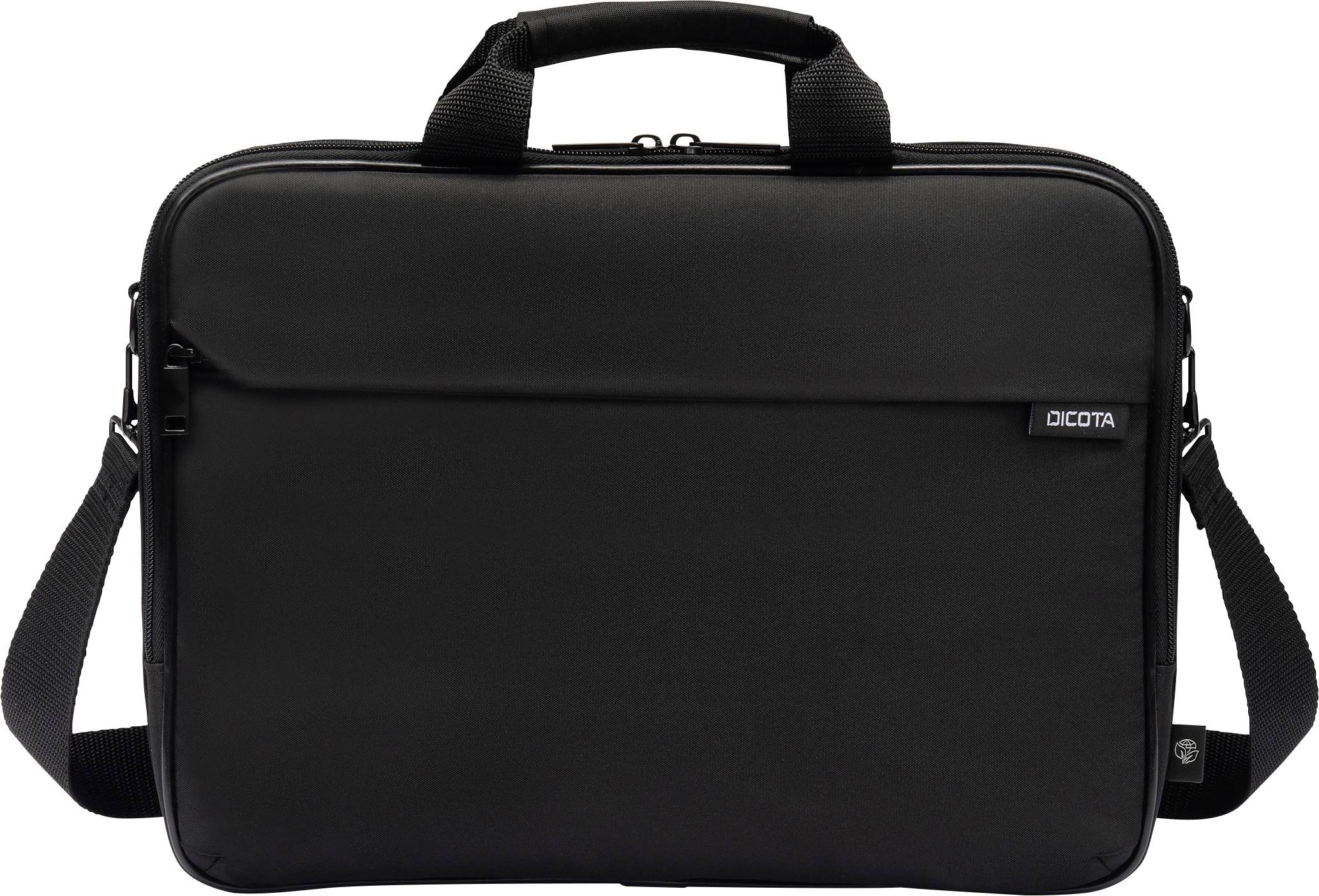 Sacoche noire pour ordinateur portable avec poignée et bandoulière, au design épuré. Adaptée aux ordinateurs portables, offrant protection et mobilité.