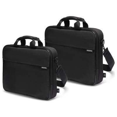 Deux sacoche noires pour ordinateur portable avec poignées et bandoulière. Les deux ont un design épuré avec un petit logo imprimé.