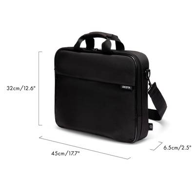 Un sac pour ordinateur portable noir avec poignées et bandoulière. Dimensions : 32 cm x 45 cm x 6,5 cm. Idéal pour le transport sécurisé des ordinateurs portables.
