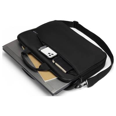 Sac pour ordinateur portable noir avec bandoulière, révélant un aperçu intérieur : smartphone, bloc-notes et ordinateur portable visibles.