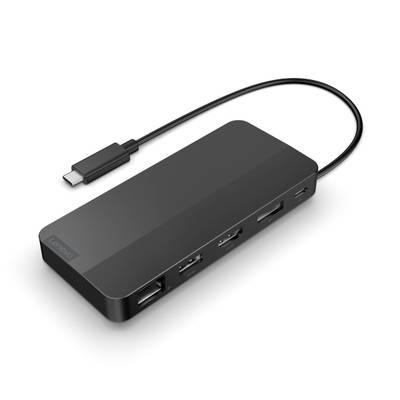 Un hub USB-C noir avec plusieurs ports, comprenant HDMI, USB et un lecteur de cartes SD, sur un fond blanc.