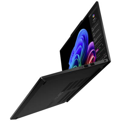 Un ordinateur portable noir ouvert avec un écran coloré flottant sur le côté, illustrant l'élégance technologique.