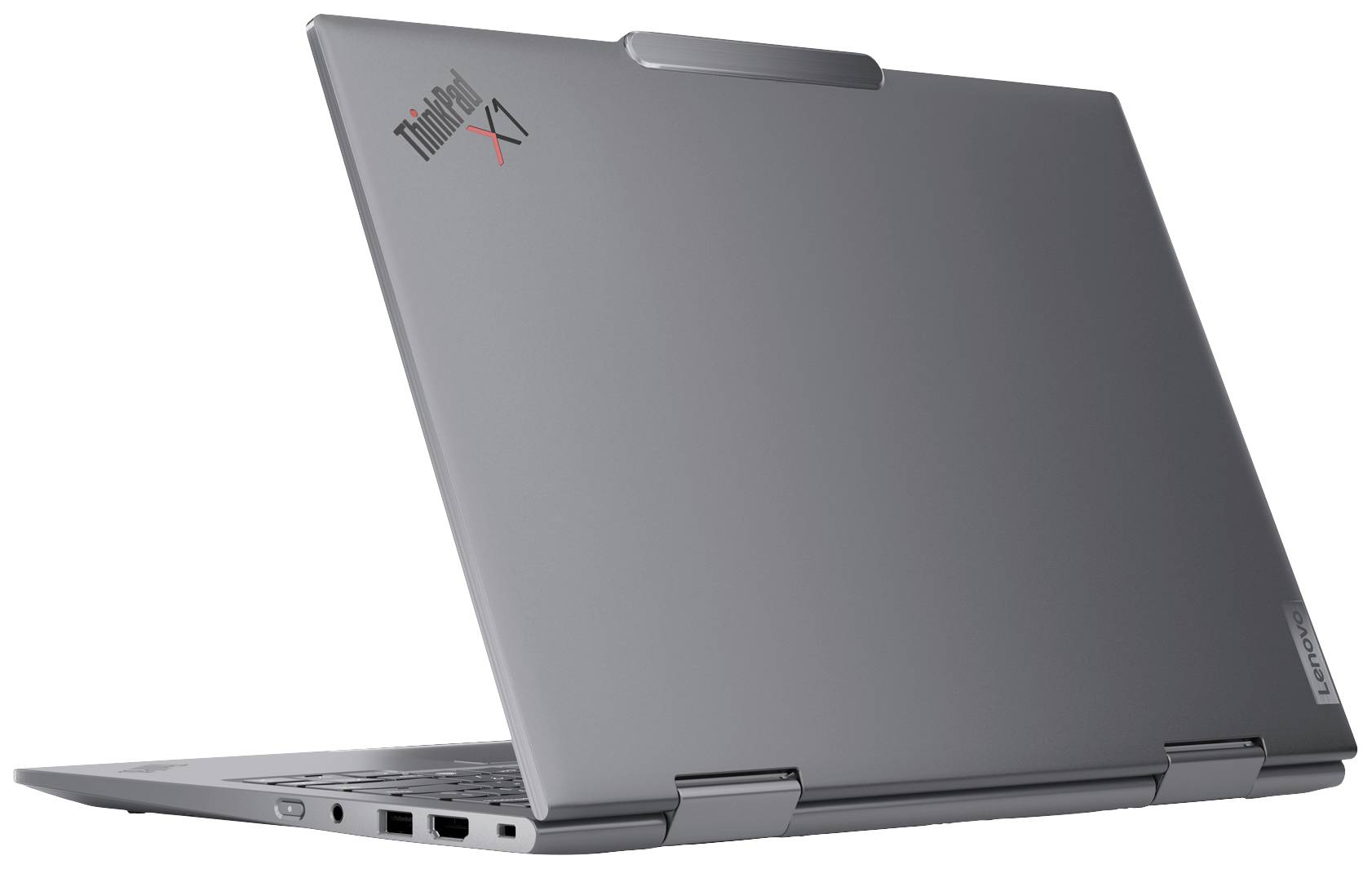 Ordinateur portable argenté de la marque ThinkPad, partiellement ouvert, vue de dos. Design épuré et moderne avec un logo distinctif.