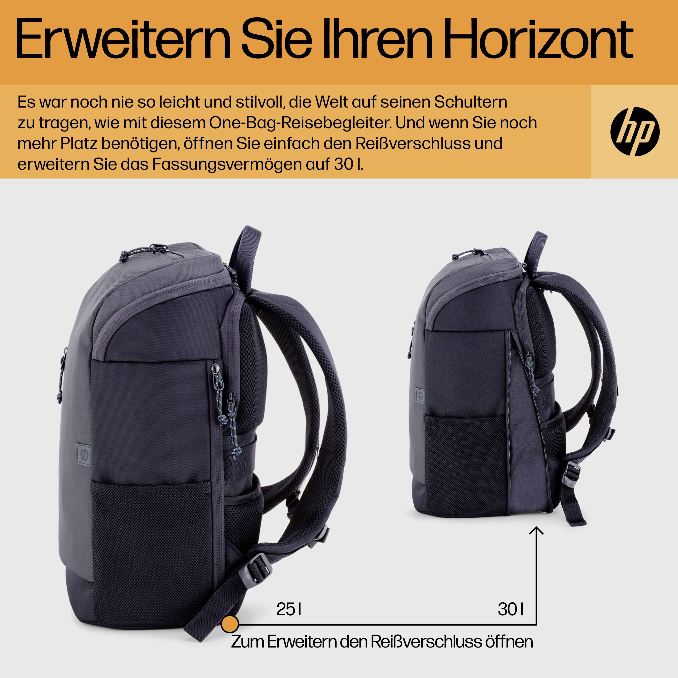 « Élargissez vos horizons » présente deux sacs à dos, l'un avec et l'autre sans extension ouverte, passant de 25 l à 30 l.