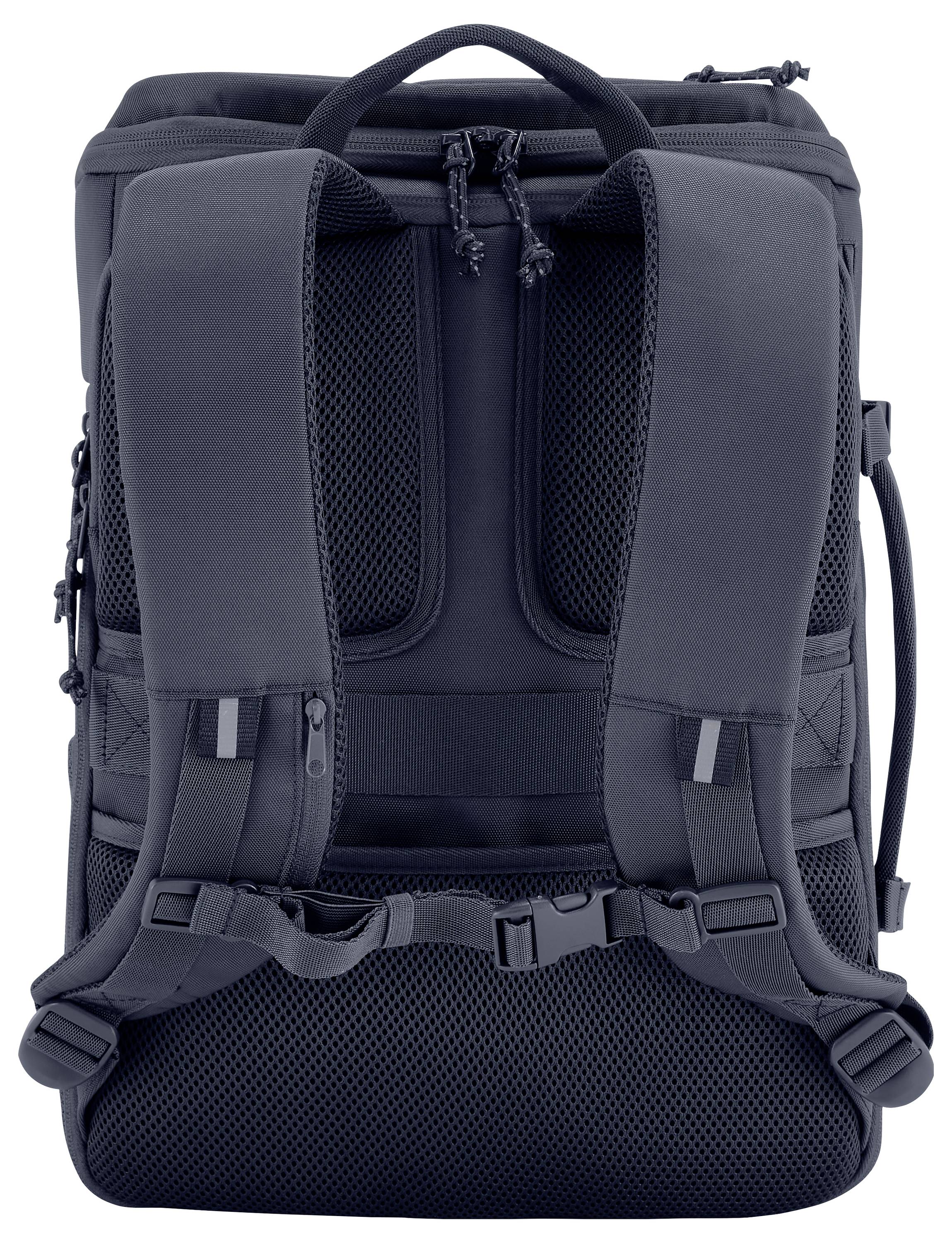 Un sac à dos gris foncé avec des bretelles rembourrées et plusieurs fermetures éclair, idéal pour un usage quotidien ou les voyages.