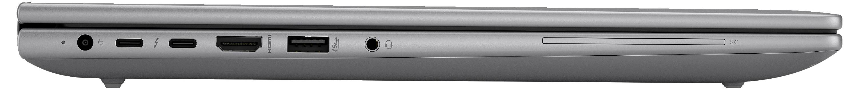 Vue latérale d'un ordinateur portable fermé mettant en évidence la diversité des ports, avec des connecteurs USB, HDMI et un lecteur de carte SD.