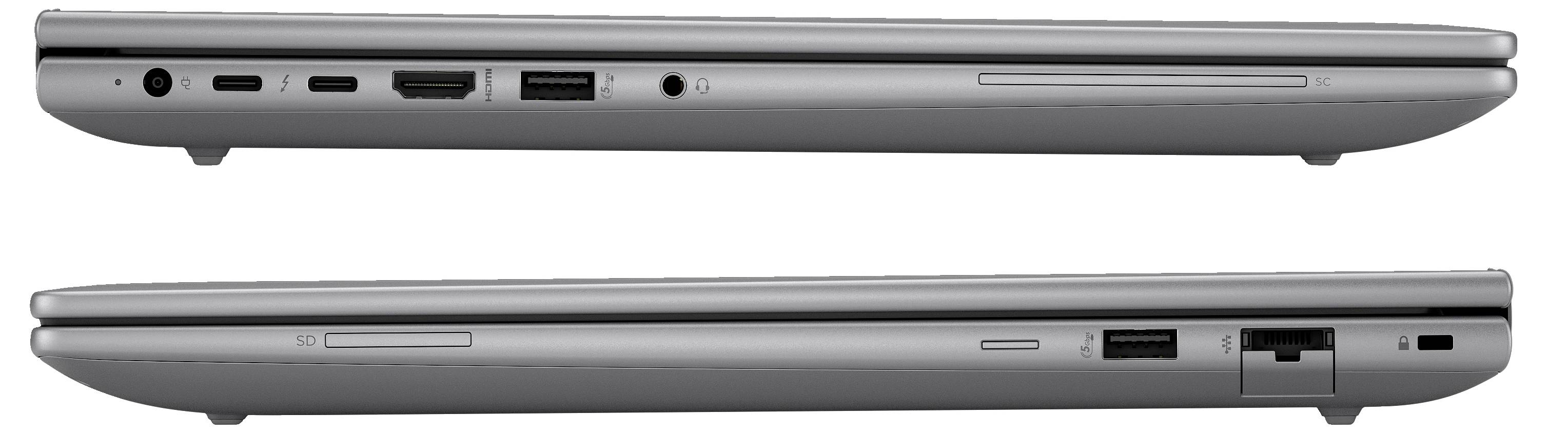Un ordinateur portable argenté, avec des ports audio, USB, HDMI et Ethernet sur la gauche, et des ports USB, Ethernet et un lecteur de carte SD sur la droite.