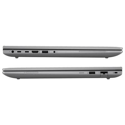 Un ordinateur portable argenté, avec des ports audio, USB, HDMI et Ethernet sur la gauche, et des ports USB, Ethernet et un lecteur de carte SD sur la droite.