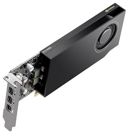 Une carte graphique NVIDIA noire avec plusieurs sorties à l'avant et un ventilateur sur le dessus.