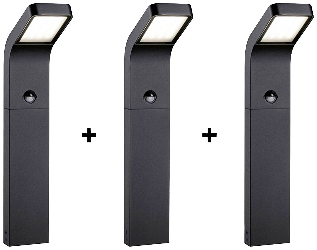 Trois lampadaires modernes identiques en noir avec des éléments lumineux rectangulaires, disposés côte à côte avec des signes '+' entre eux.