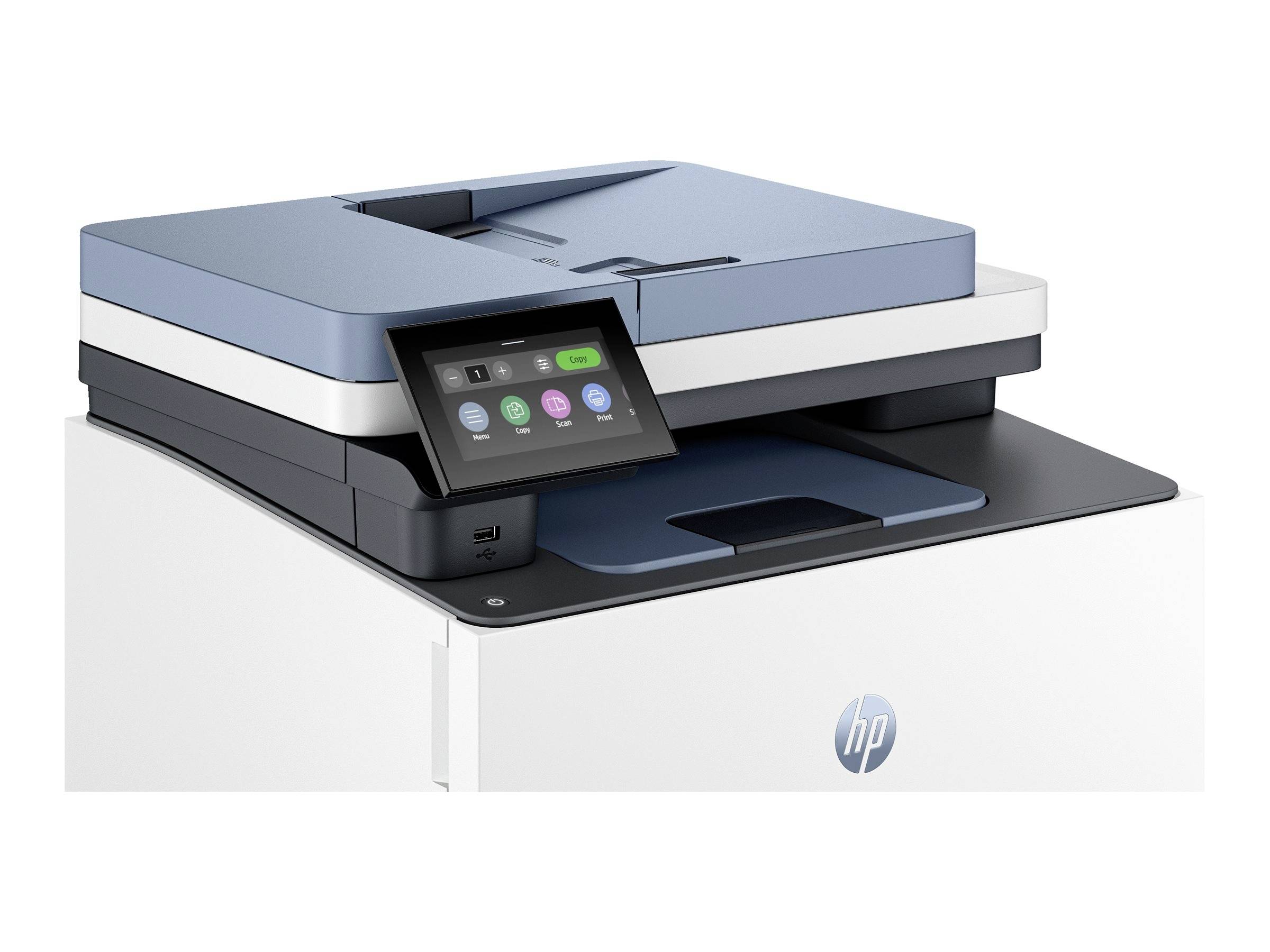 Une imprimante moderne avec écran tactile, affichant un logo HP. L'écran présente des symboles pour copier, imprimer et numériser.