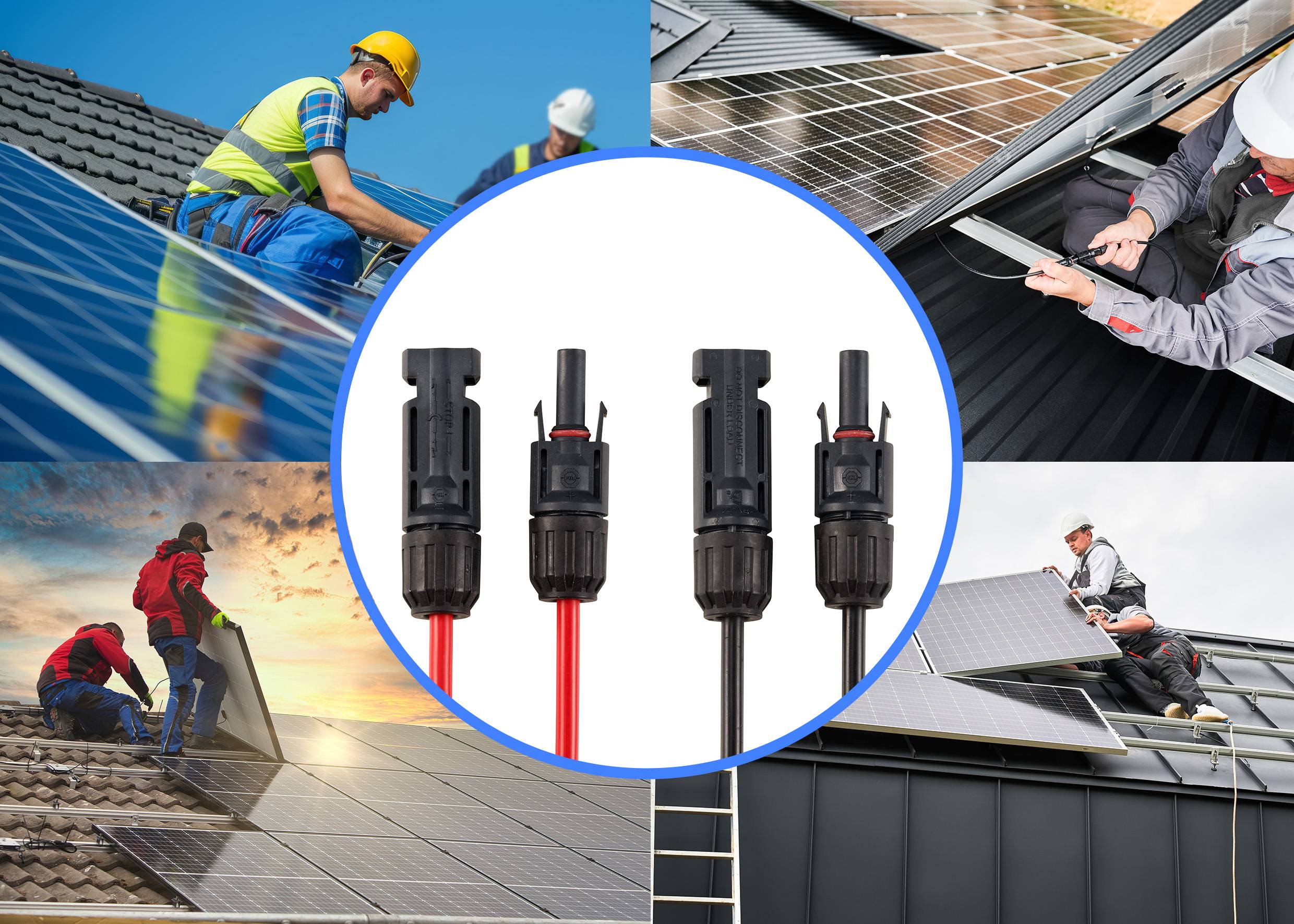 Plusieurs ouvriers installent des modules solaires sur différents toits. Au centre, trois connecteurs de câbles solaires sont représentés.