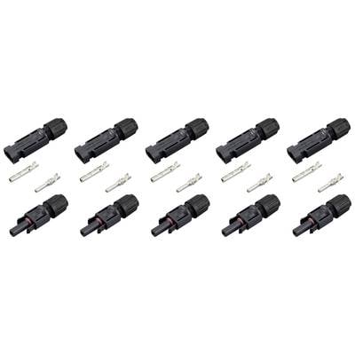 Plusieurs connecteurs noirs pour modules solaires avec des inserts de connexion argentés assortis, disposés en deux rangées.