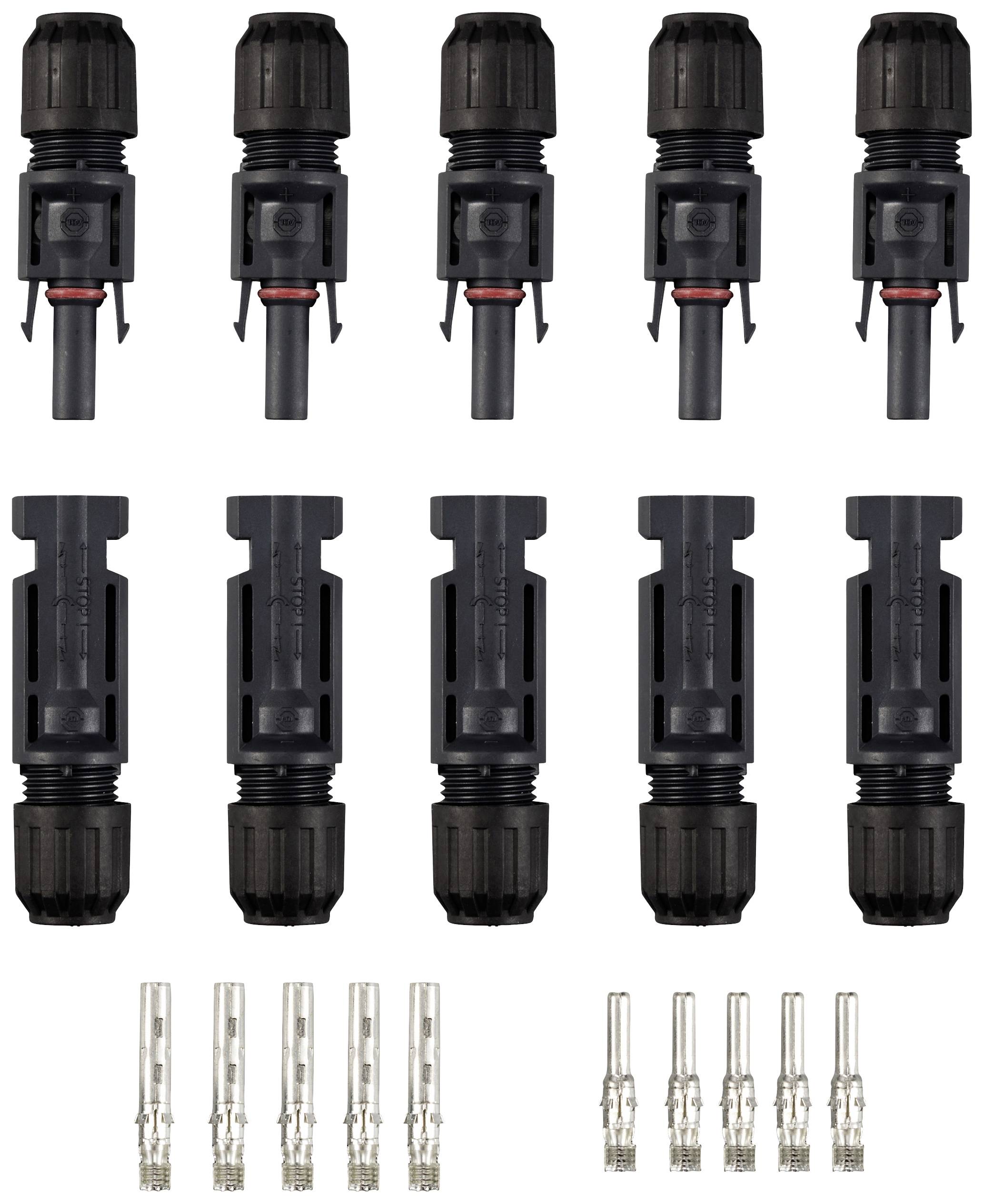 Plusieurs connecteurs modulaires noirs disposés en deux rangées. Rangée supérieure avec capuchons à vis. Rangée inférieure avec broches cylindriques en métal. Adaptés pour les applications électrotechniques.