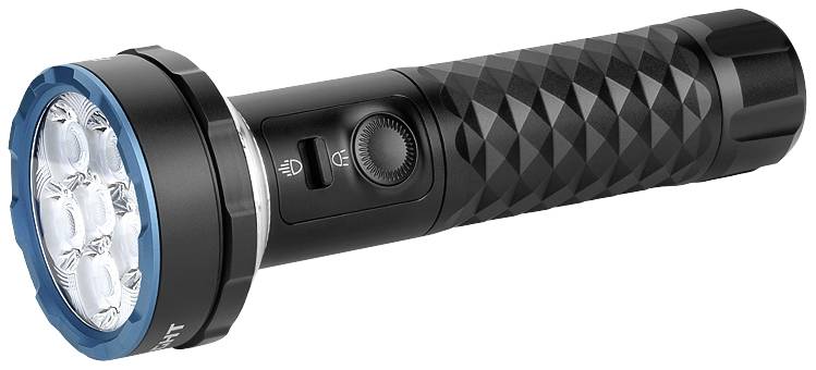 Une lampe de poche noire avec un bord bleu et plusieurs lumières LED, une poignée antidérapante et un interrupteur marche/arrêt.