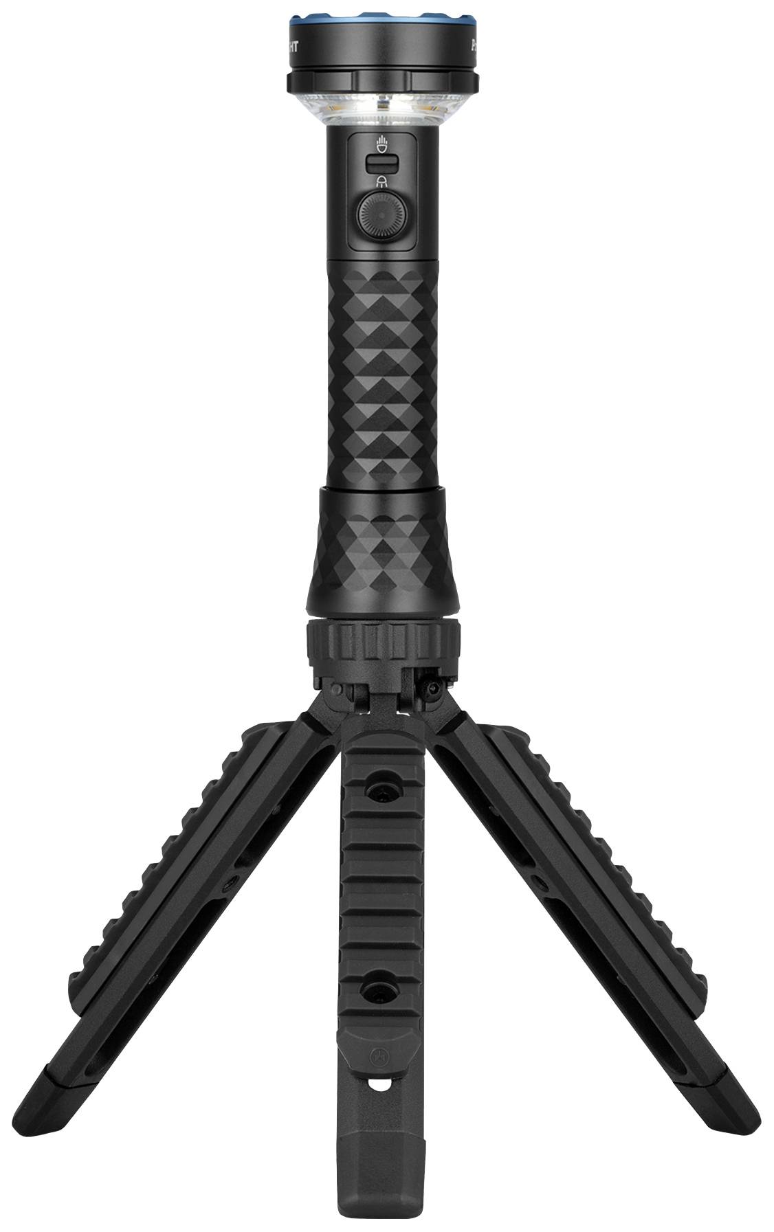 Une lampe de poche noire avec une poignée triangulaire est posée sur un trépied.