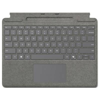 Un clavier d'ordinateur gris avec un pavé tactile intégré, vu de dessus. Le clavier comprend des touches standard et des touches de fonction.