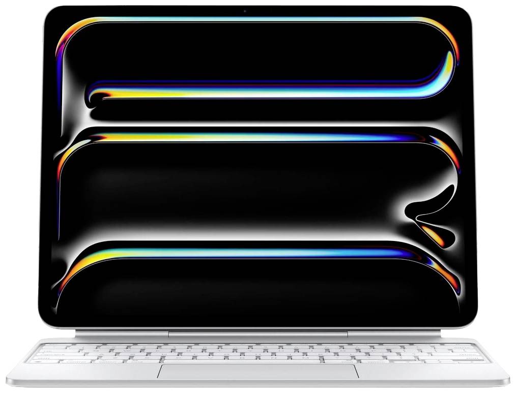 Un ordinateur portable blanc avec un écran noir affiche des lignes colorées et fluides dans un design abstrait.