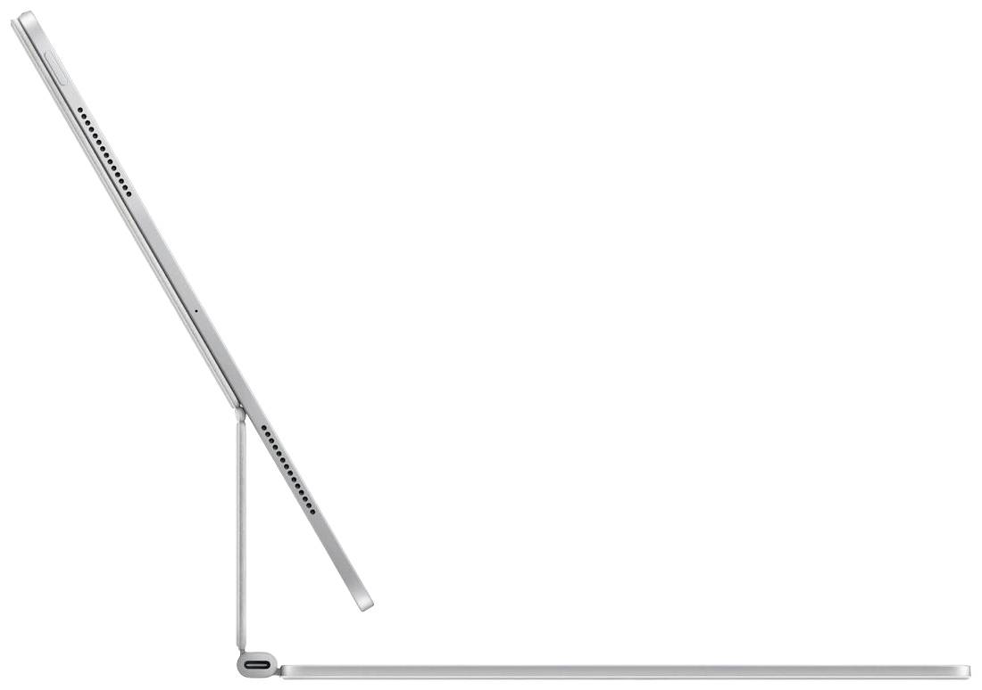 Tablette en vue latérale avec support magnétique, similaire à une position de laptop, design fin et moderne, connecteur USB-C.