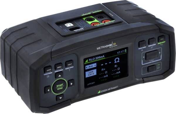 Un multimètre numérique avec écran, affichant des mesures de résistance. L'appareil dispose de plusieurs touches de commande et de connexions en haut de l'appareil.