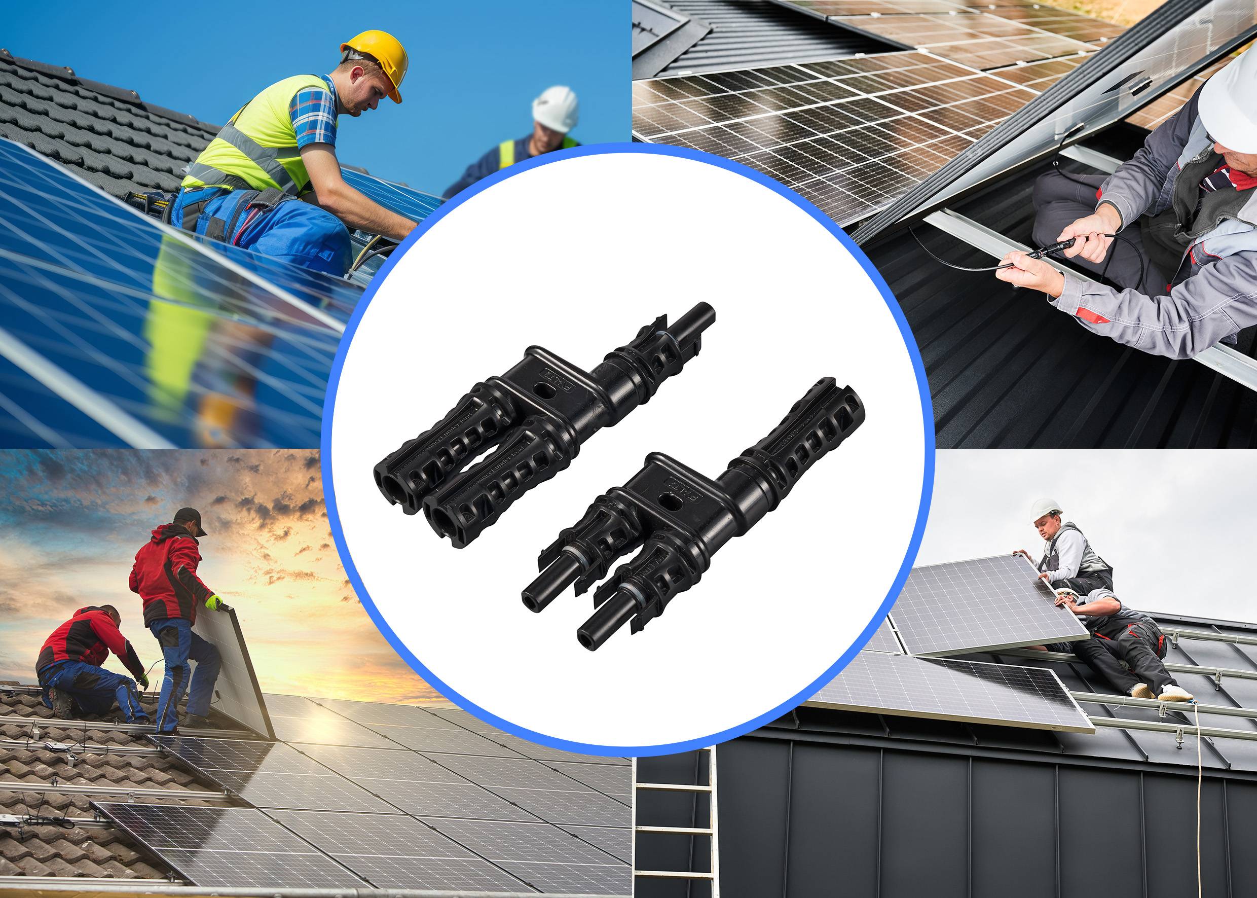 Des travailleurs installent des panneaux solaires sur des toits. Au premier plan, deux connecteurs solaires noirs sont représentés.