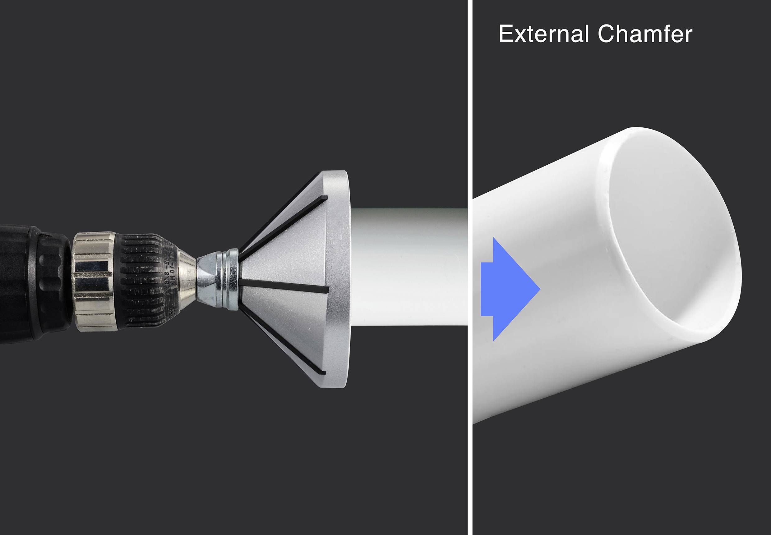 Embout de foret met en forme l'extrémité d'un tube blanc avec un chanfrein. Texte : 'Chanfrein extérieur'.