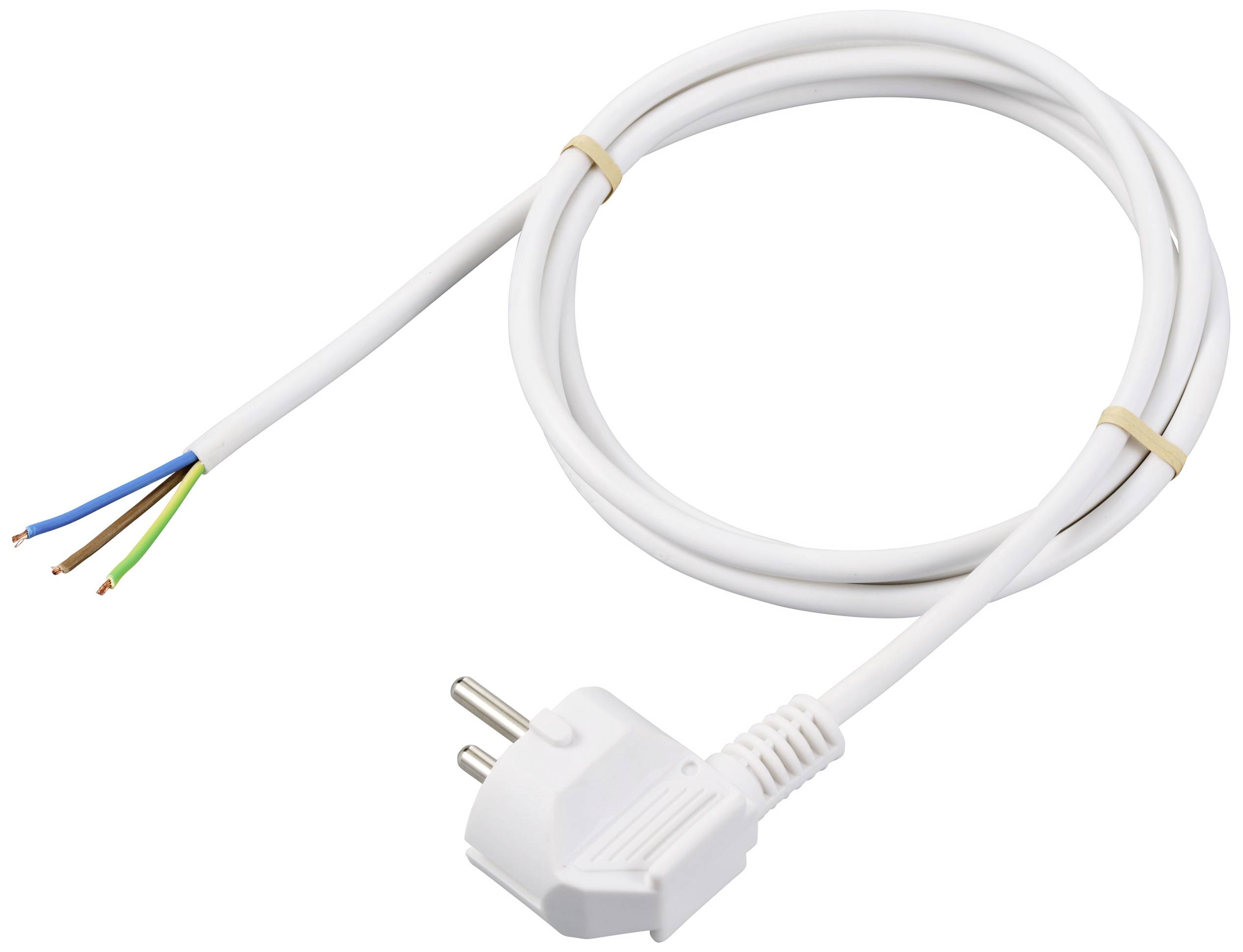 Un câble réseau blanc avec une prise européenne et des extrémités dénudées, adapté aux installations et réparations électriques.