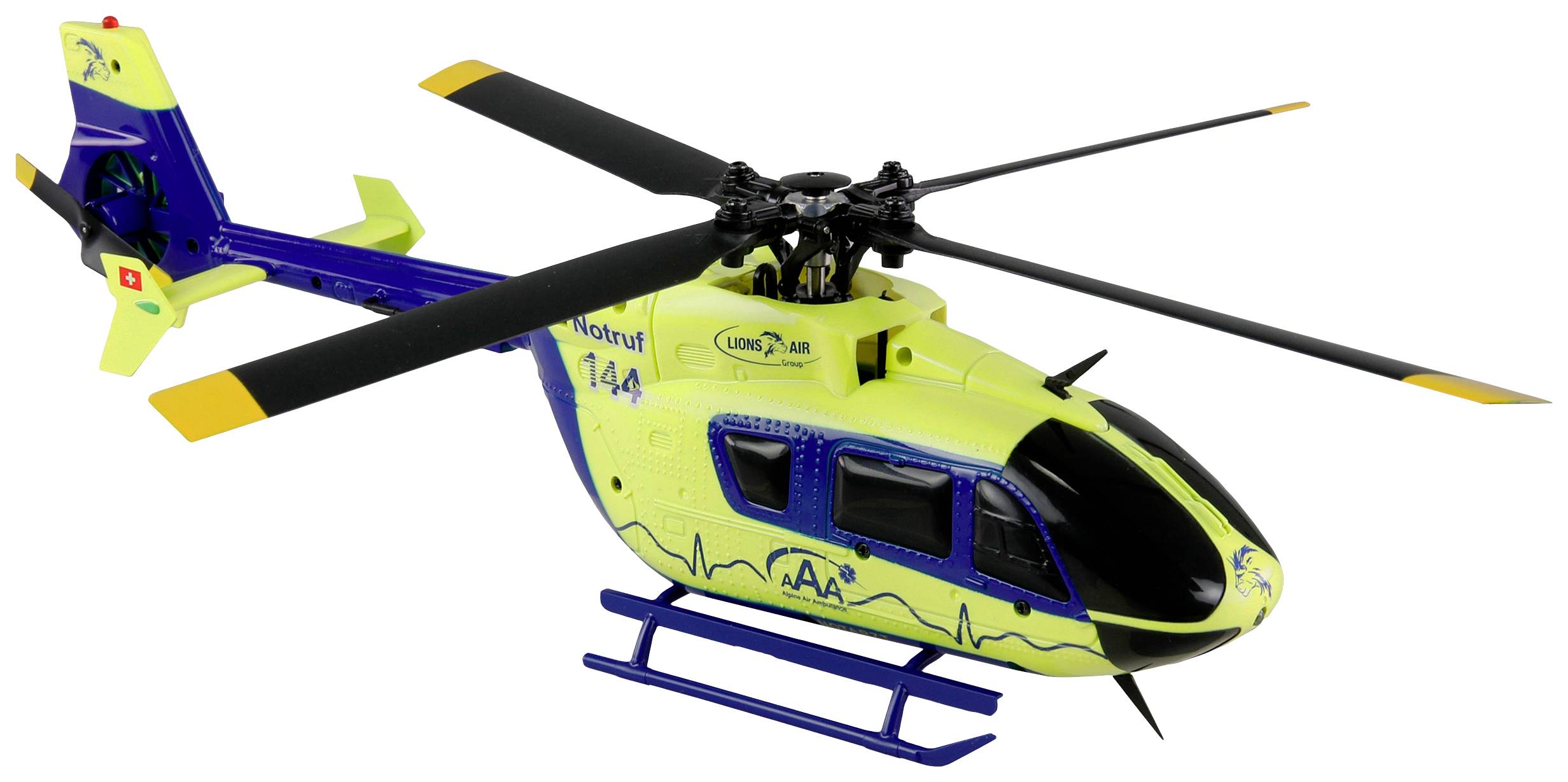Modèle d'hélicoptère de secours jaune et bleu avec l'inscription « Appel d'urgence 144 » et « Air-Montagnes ».