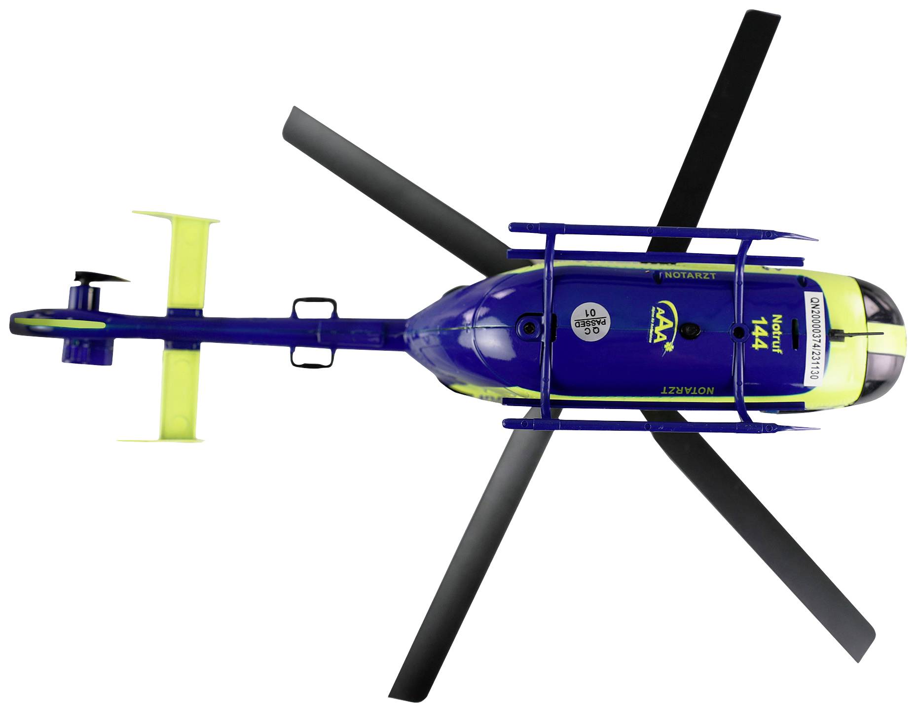 Hélicoptère de secours bleu avec des accents jaunes, vu de dessus.