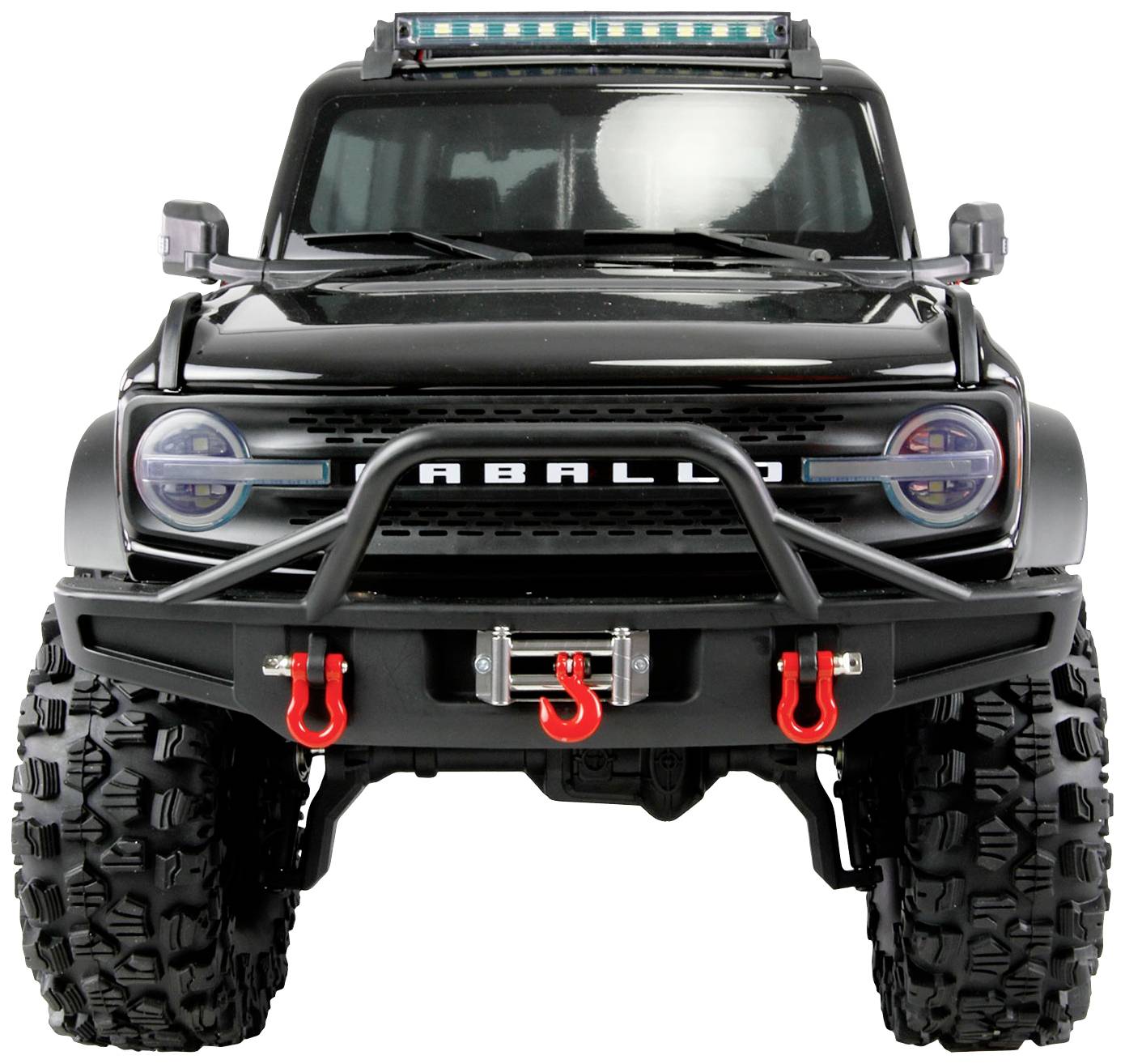 Voiture miniature noire de type tout-terrain avec de grandes roues, un pare-buffle et une barre lumineuse bleue sur le toit.
