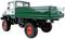 Un camion vert avec une grande surface de chargement et des roues rouges. Le camion a une garde au sol élevée, adapté aux terrains difficiles.
