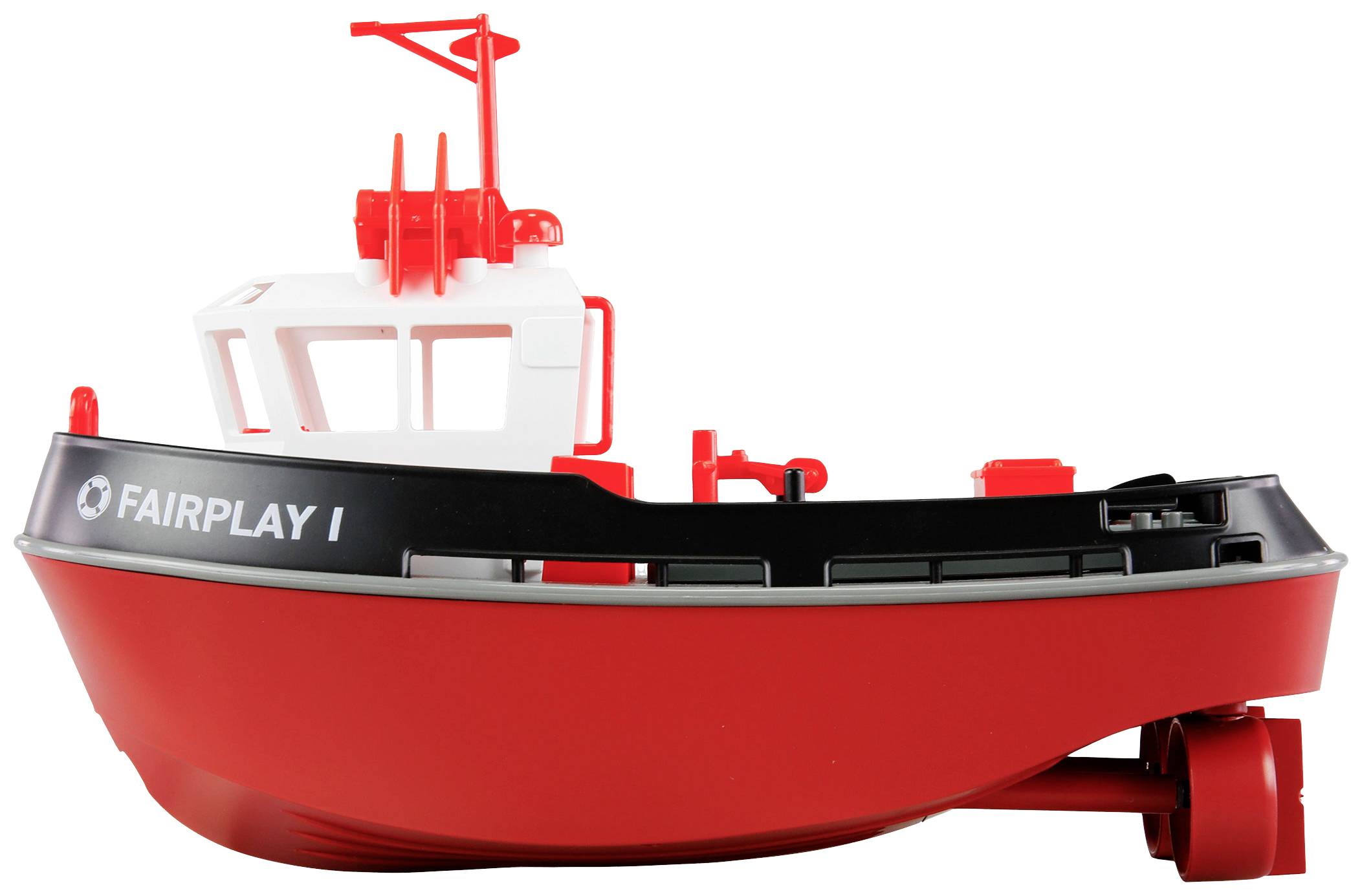 L'image montre un modèle rouge d'un remorqueur avec une cabine de pilotage blanche et l'inscription 'Fairplay I' sur le côté.
