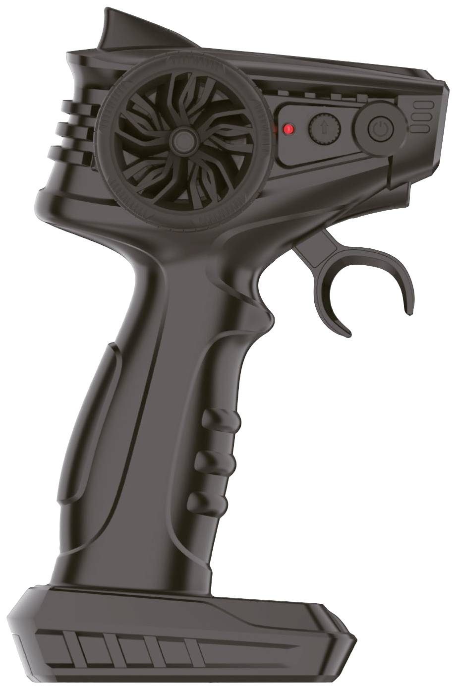 Télécommande noire avec gâchette et touches, souvent utilisée pour des modèles réduits comme des voitures ou des drones.