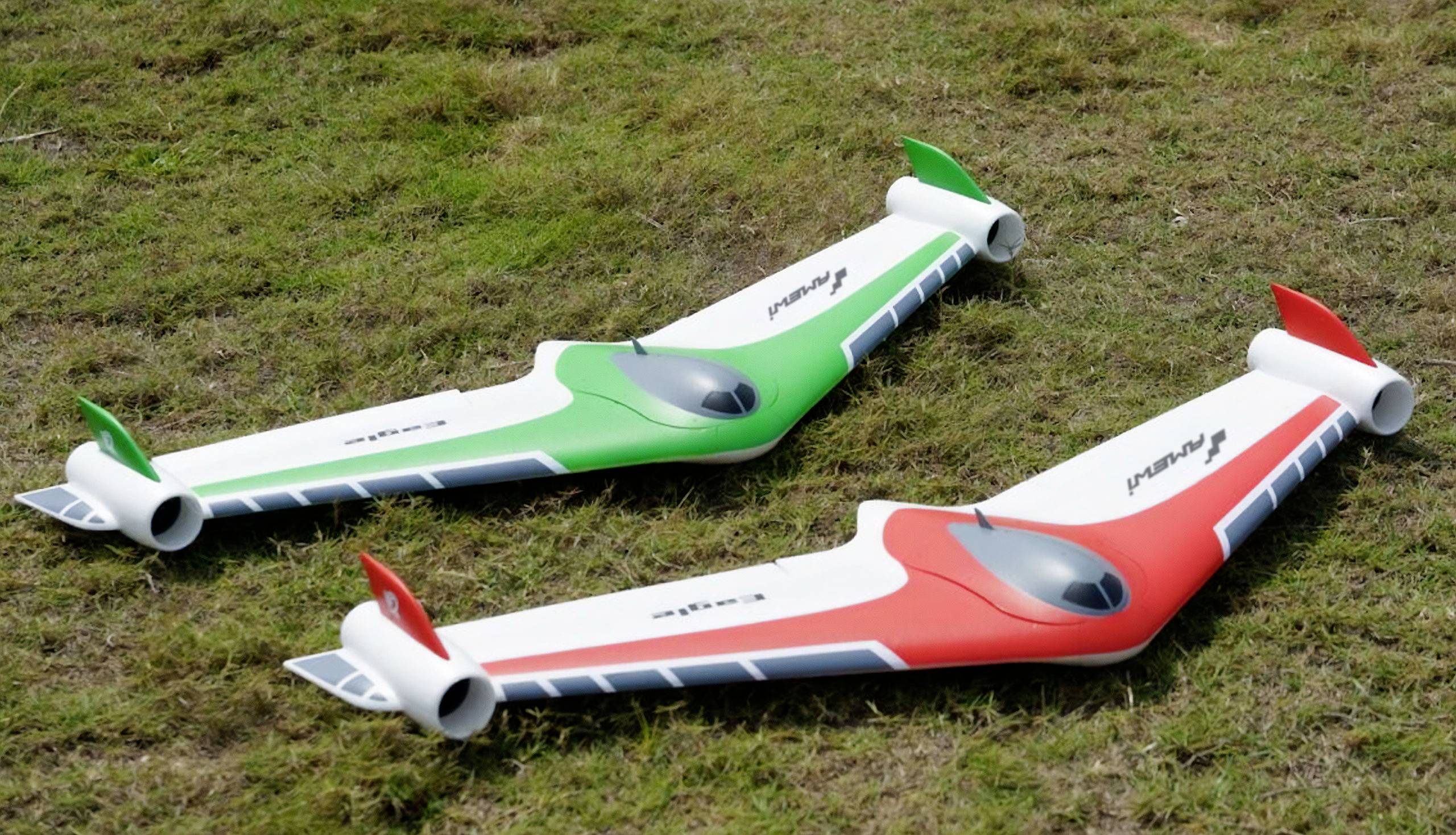Deux avions télécommandés aux couleurs nationales italiennes vert-blanc-rouge sont posés sur un pré.
