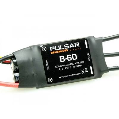 Régulateur électronique de vitesse noir avec l'inscription « Pulsar Brushless B-60 », affichant des spécifications pour la modélisation.