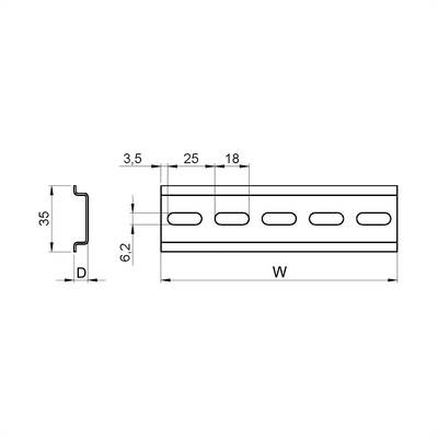 Dessin technique d'un profilé métallique avec dimensions : Hauteur 35 mm, Largeur (W) variable, Profondeur (D) variable. Comprend un schéma de perçage et des cotes d'espacement.