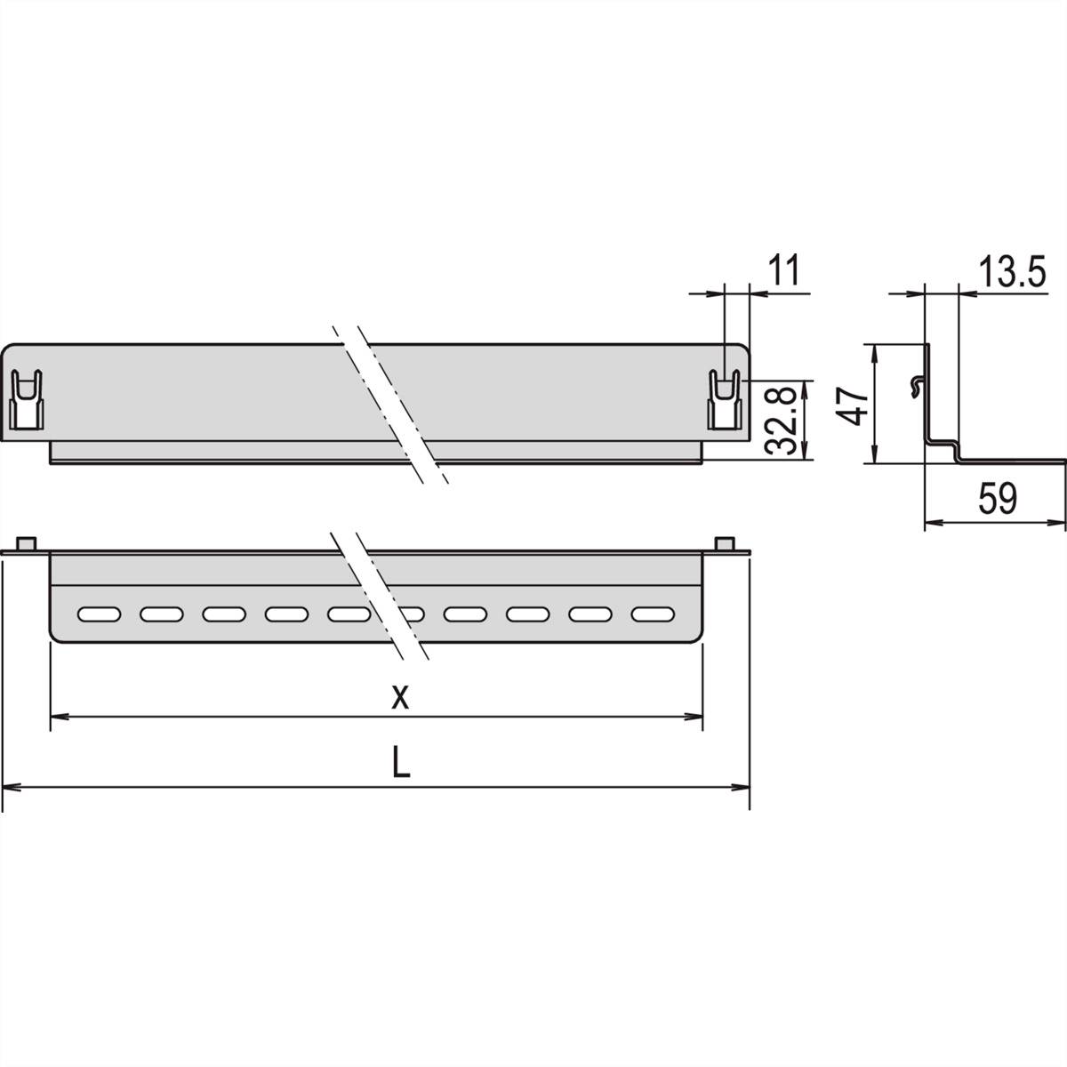 Dessin technique d'un composant avec dimensions : Largeur 11 mm, Hauteur 47 mm, Longueur 'X', Hauteur totale 59 mm. Vue latérale et vue de face.