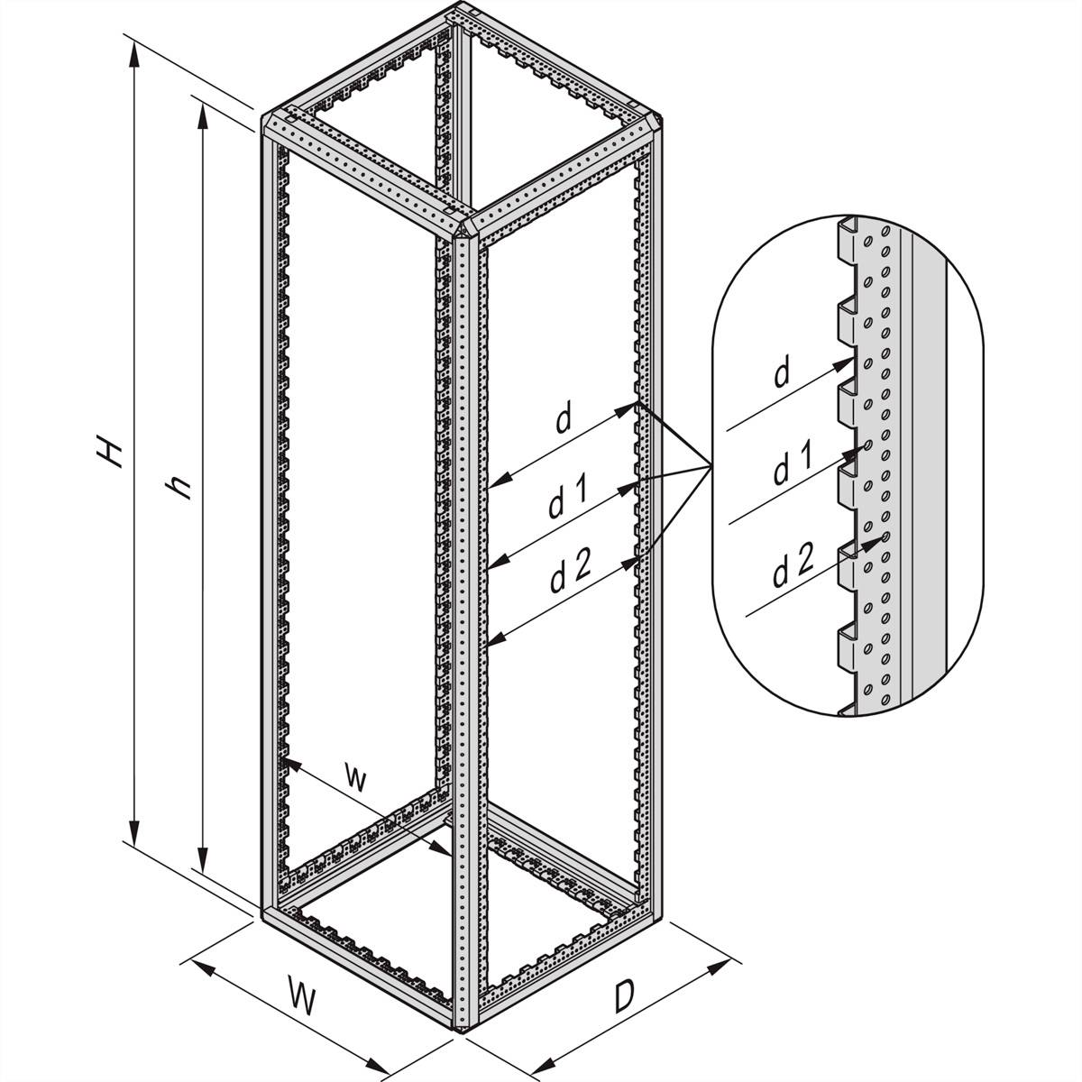 'Rack industriel' en vue de grille métallique avec dimensions : Hauteur (H), Largeur (L) et Profondeur (P). Vue détaillée montrant l'épaisseur des bords (e).