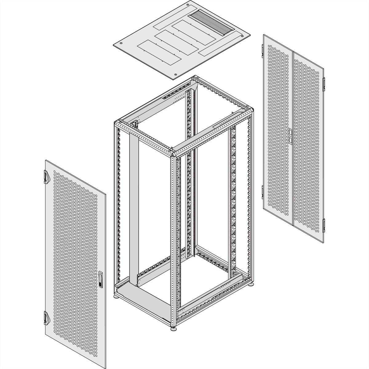Vue éclatée d'un rack serveur avec portes et couvercle retirés. Illustre la structure, la ventilation et les possibilités de placement des composants.