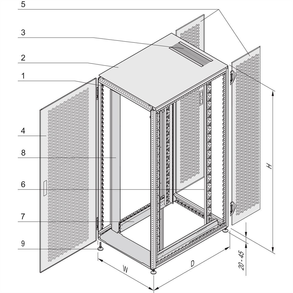 Dessin technique d'un rack réseau avec la porte ouverte. Les annotations indiquent les composants tels que le couvercle, les portes et les pieds de support. Dimensions : hauteur (H), largeur (L), profondeur (P).