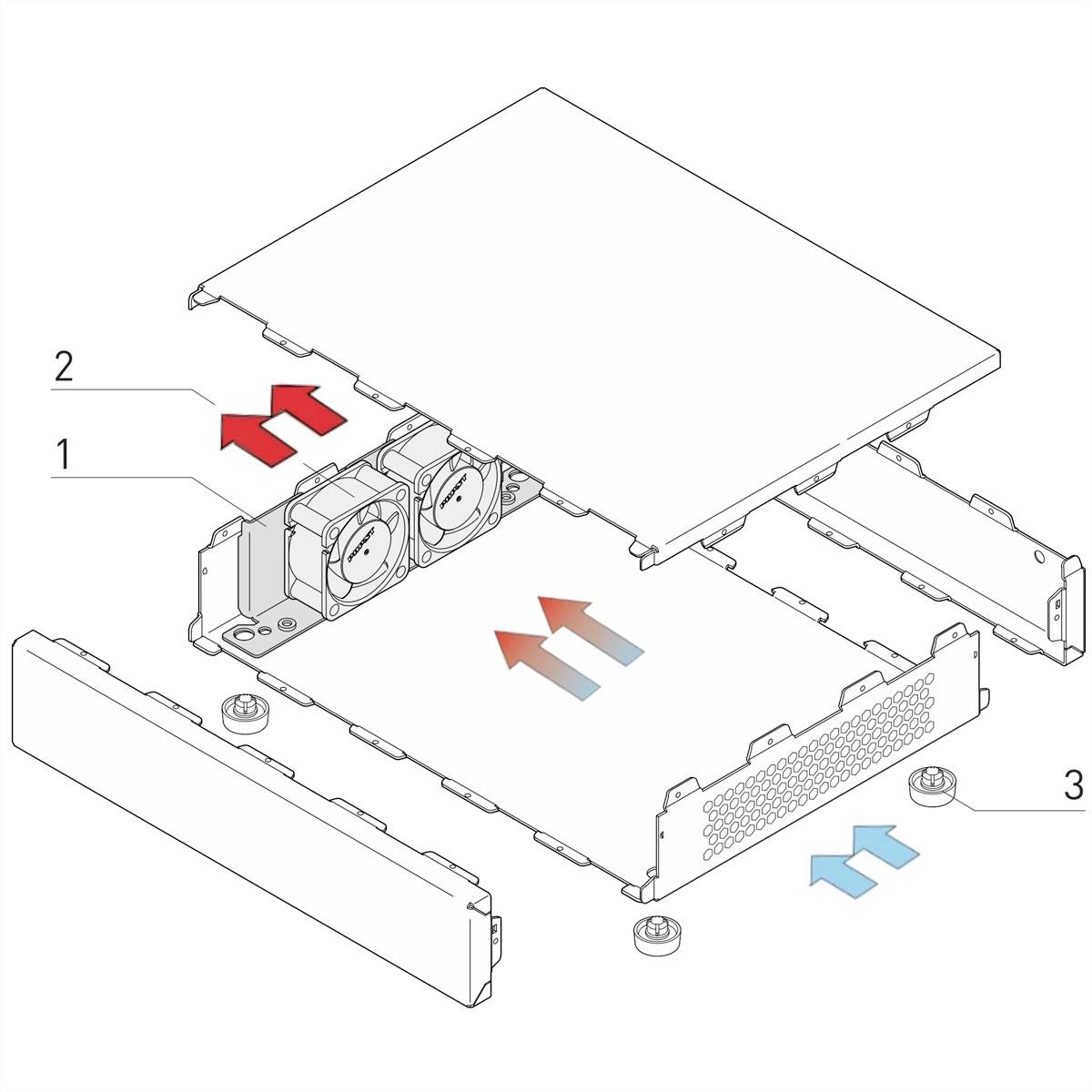 Vue éclatée d'un appareil électronique avec ses composants de boîtier. Des flèches indiquent le flux d'air à travers deux ventilateurs pour le refroidissement.
