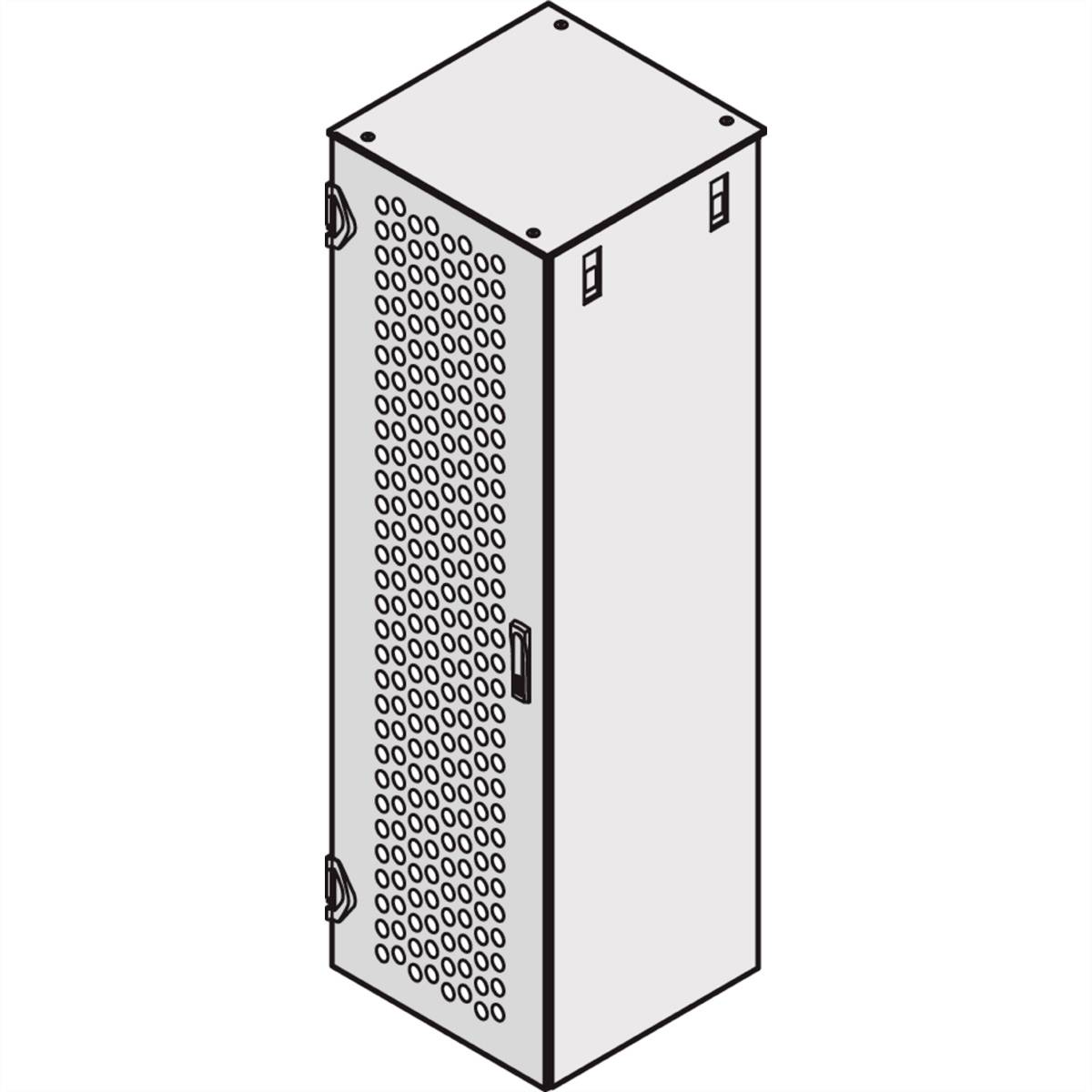 Un armoire de serveur rectangulaire et fermée, dotée de trous de ventilation ronds sur le côté et d'une poignée sur la porte.