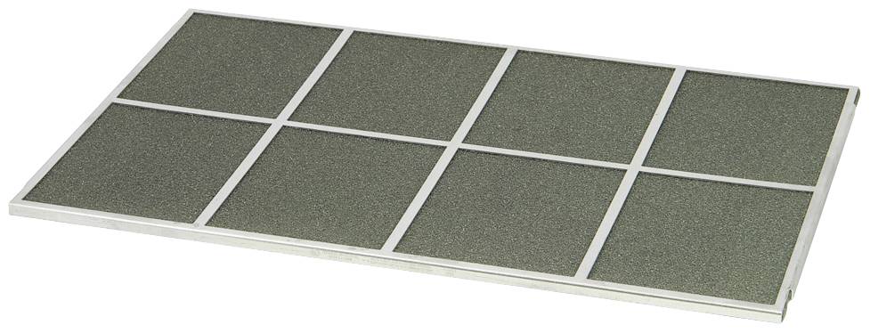 Table de tennis de table rectangulaire avec une surface verte et une bordure argentée, composée de huit cases.